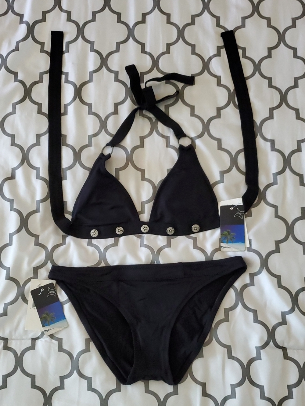 Hurley Waikiki Women's Black Button Accent Two-Piece Bikini Swimsuit NWT